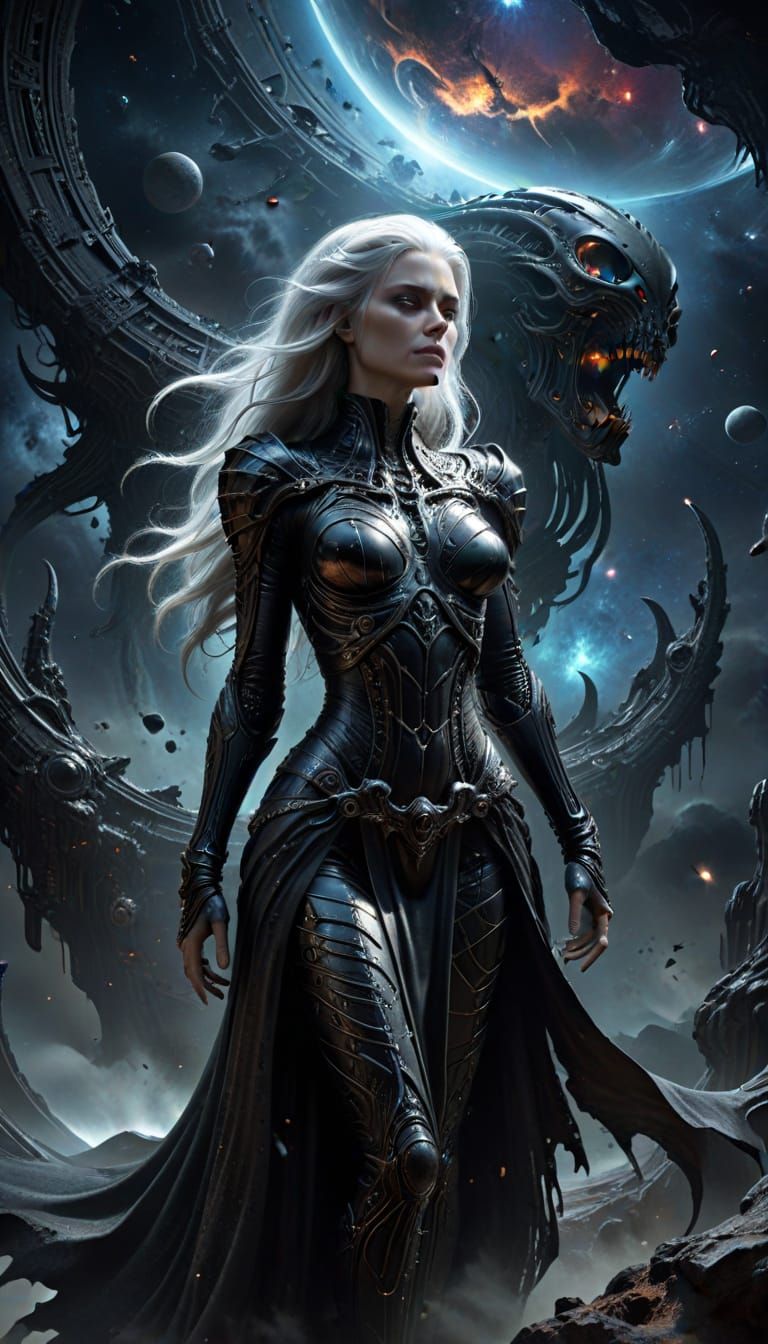 Woman Gazing into Cosmic Void in Dark Fantasy Style