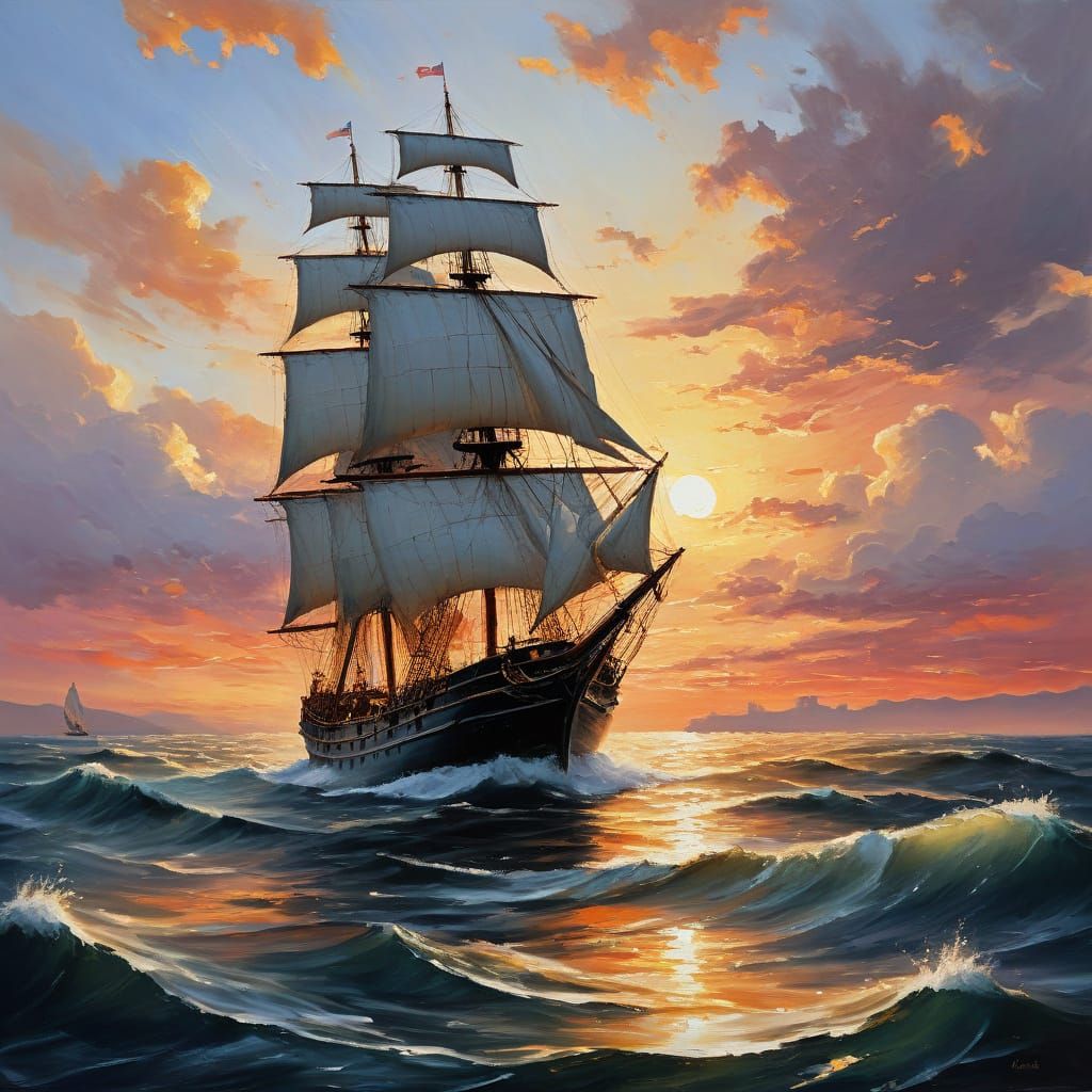 Majestic Sunset at Sea in Impressionist Oil Painting Style