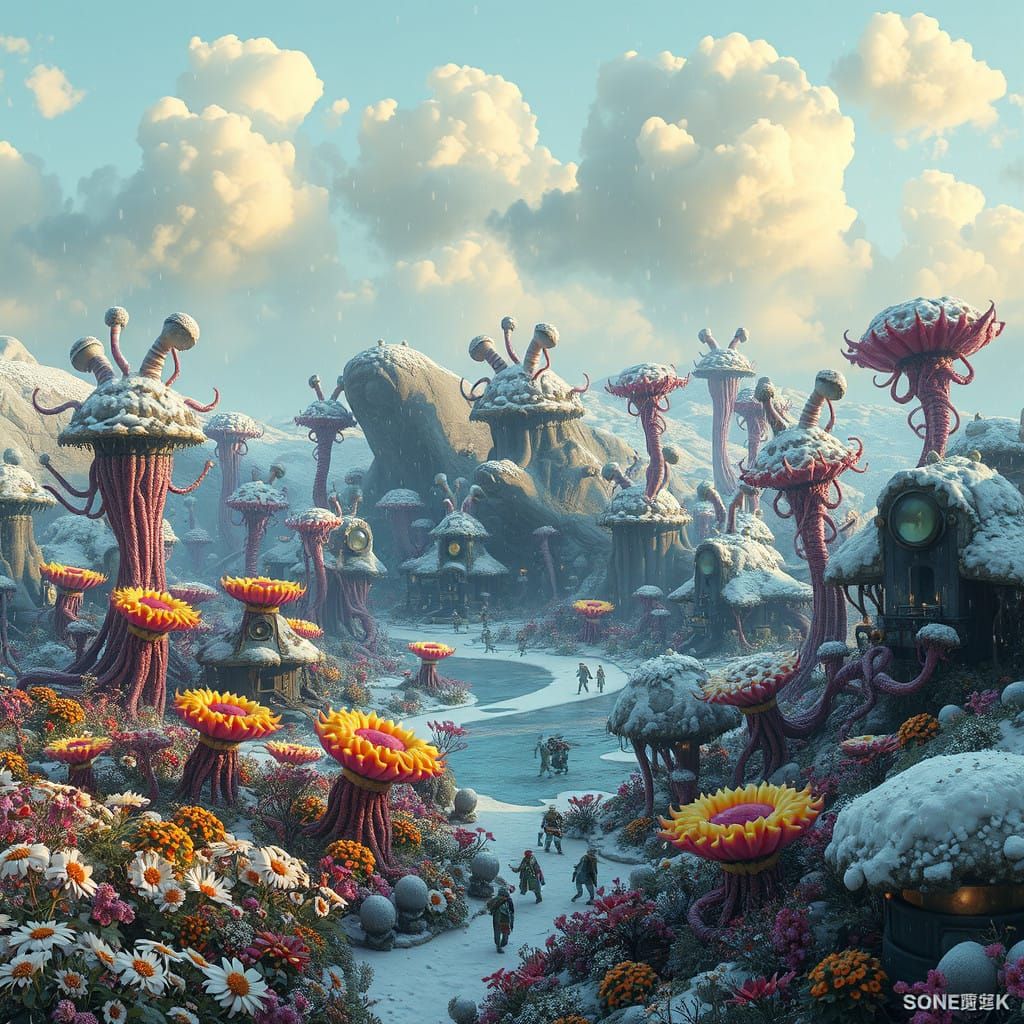 Surrealistic Village Bloom in Ethereal Harmony