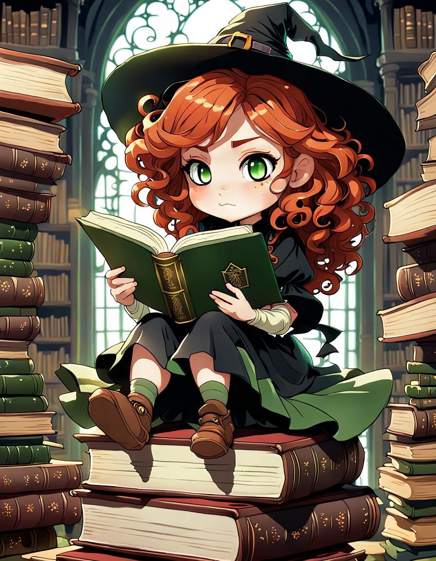 Chibi Witch Girl Enchanted by Ancient Tomes in Mysterious Li...