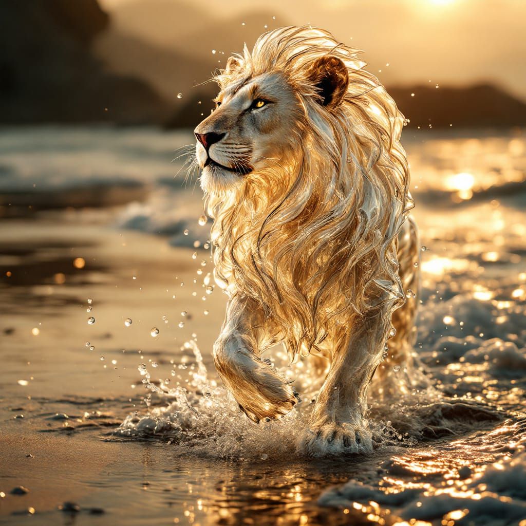 Majestic Water Lion on Sun-Drenched Beach
