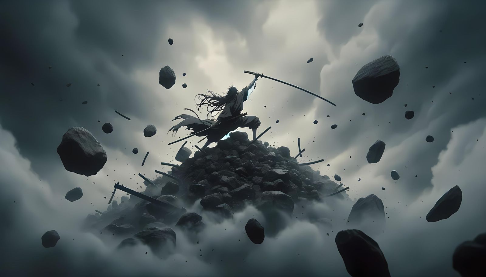 Anime Swordsman Amidst Floating Rocks and Mist