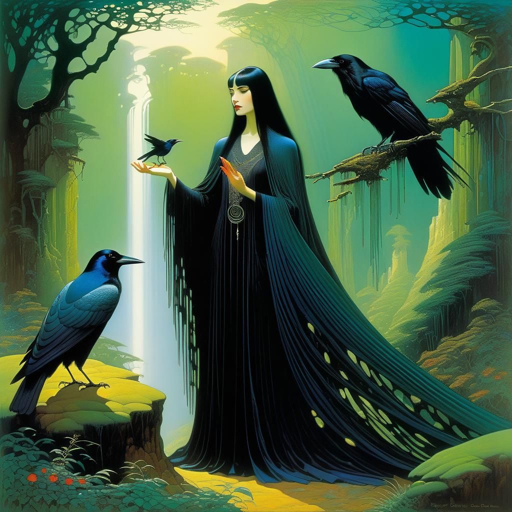 Gothic Woman and Crow in Art Nouveau Style