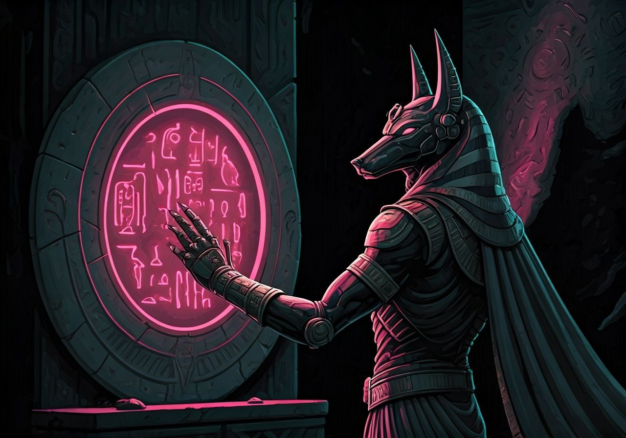 Futuristic Anubis Inspects Glowing Hieroglyphs