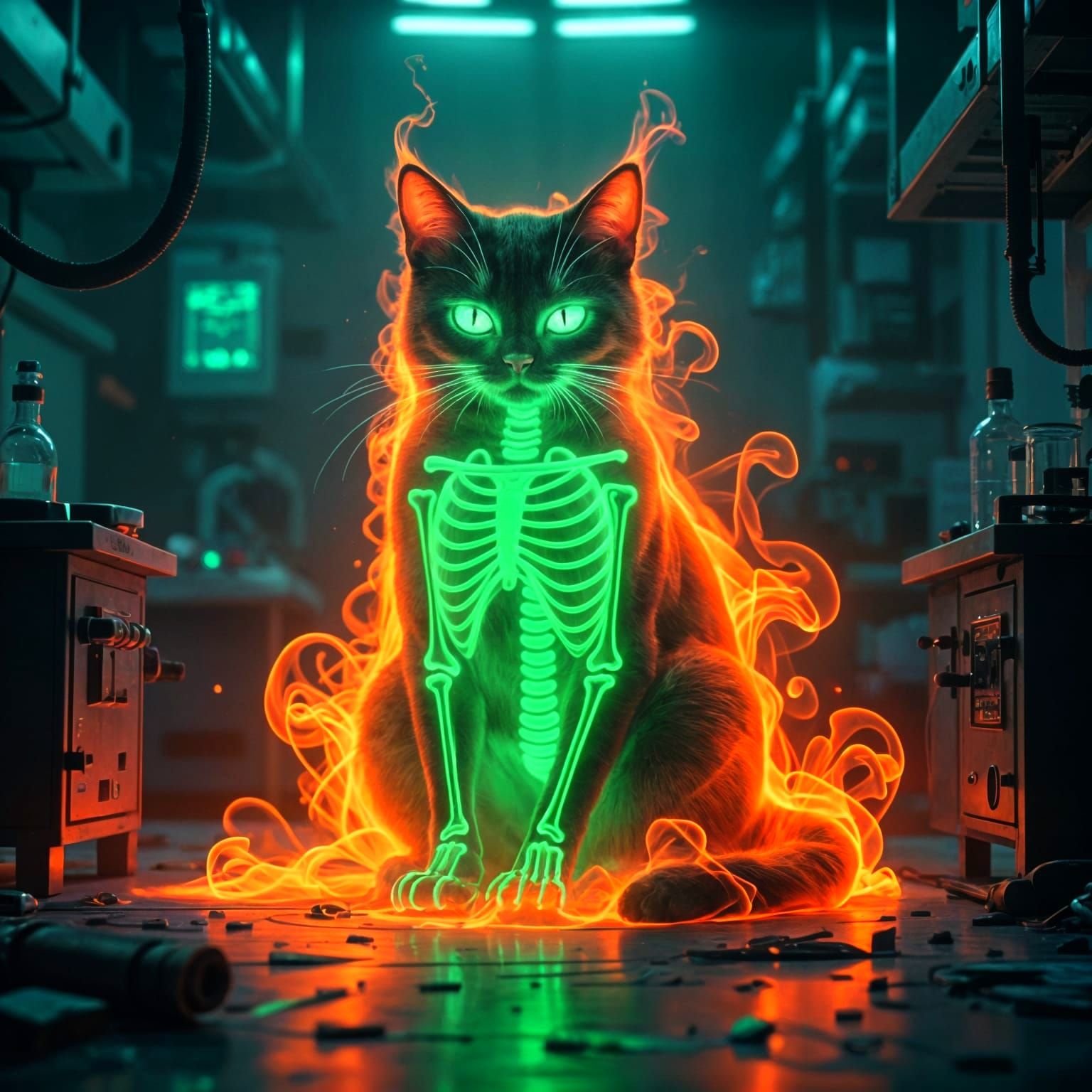 Ghostly Neon Cat in Radioactive Lab