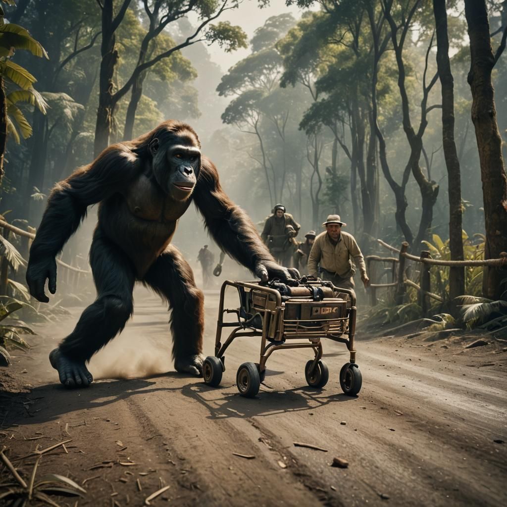 Ape with Walker Wins Race: Cinematic Film Still