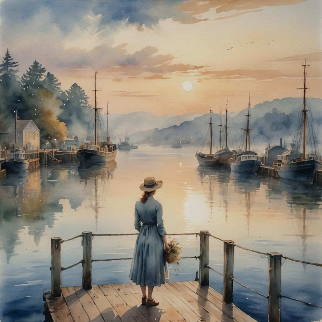 Woman Gazing at Ships: Watercolor Impressionism