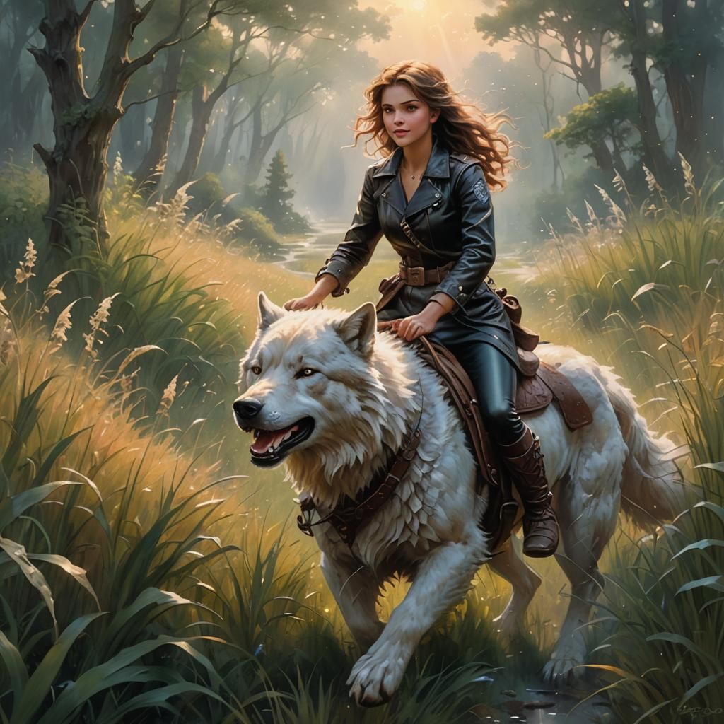 Girl Rides Dire Wolf in Fantasy Landscape