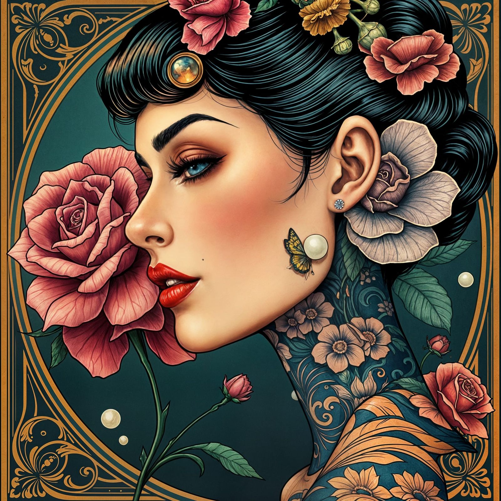 Surreal Art Nouveau Portrait with Intricate Details and Gold...