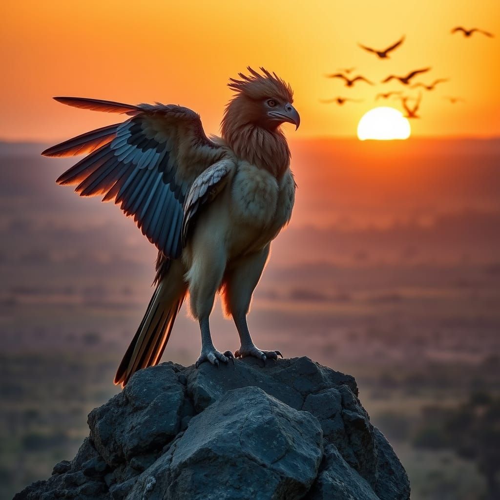 Gryphon Overlooking African Savanna in Golden Light