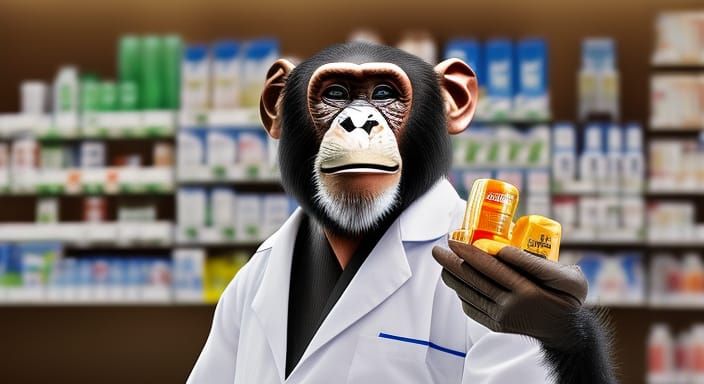 A Chimpanzee dressed up in a pharmacy uniform is holding up a bottle of prescription pills :: hyper realistic :: super p...