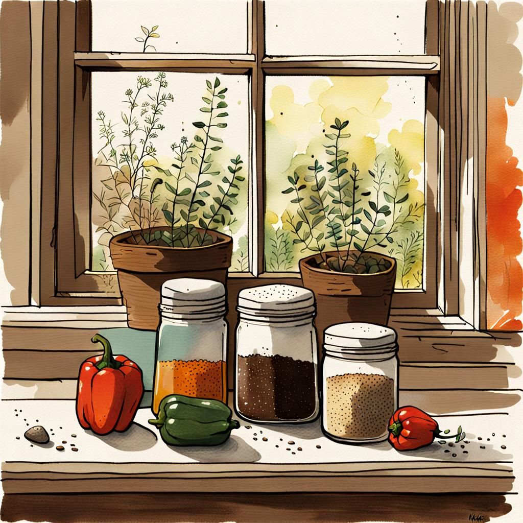 Kitchen Still Life Sketch with Shakers and Herbs