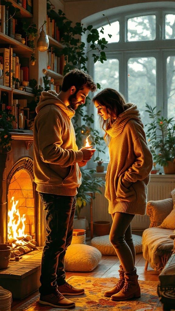 Intimate Fireplace Scene in Impressionistic Style