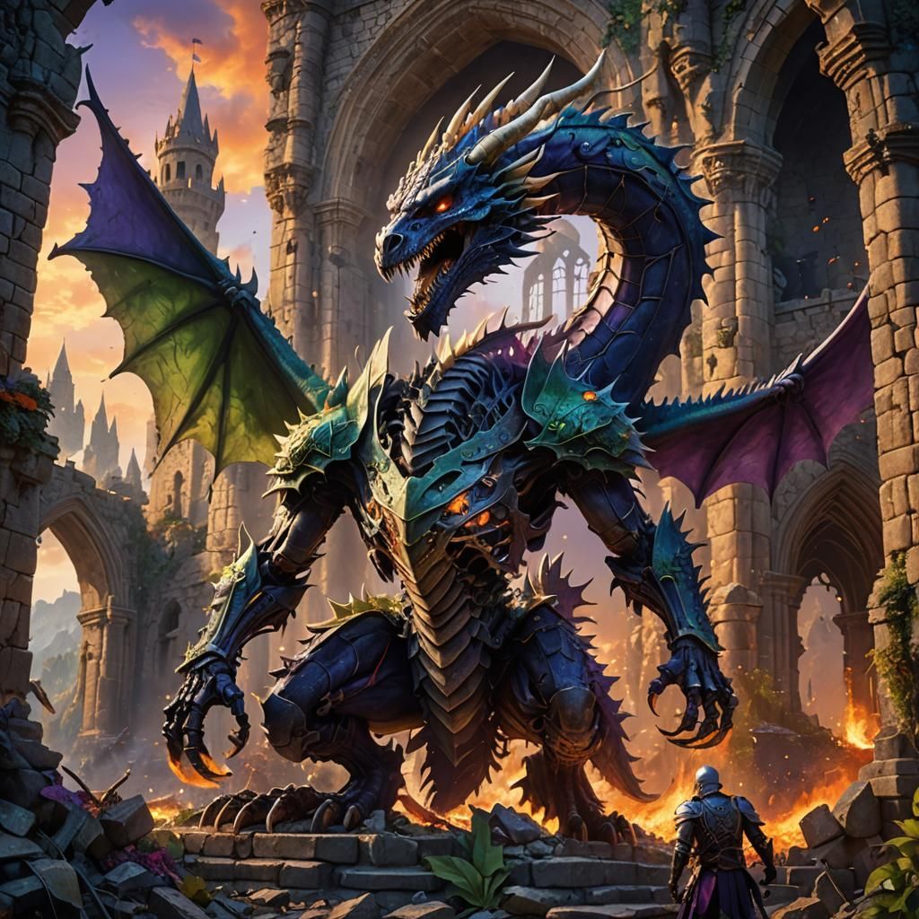 Skeleton Army Dragon Clash in Ruined Castle