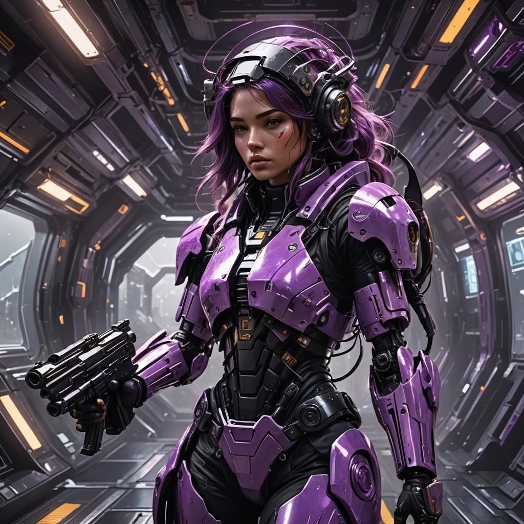Girl with Machine Gun in Spaceship, Hyperdetailed Art