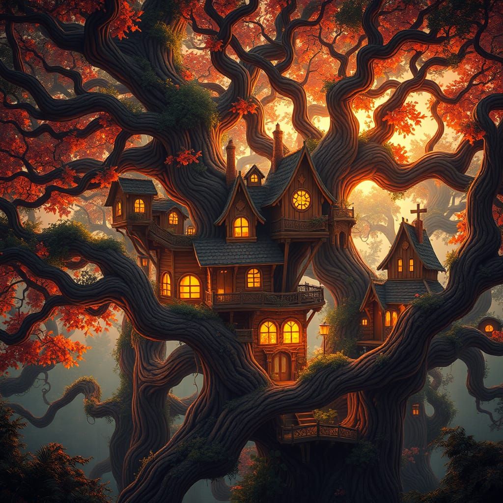 Ancient Tree Village Concept Art in Vibrant Art Nouveau Styl...