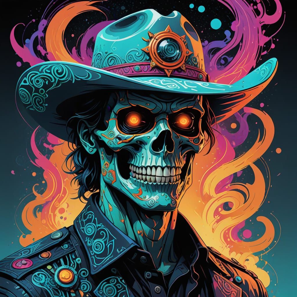 Vibrant Cyberpunk Cowboy Skull in Neon Colors