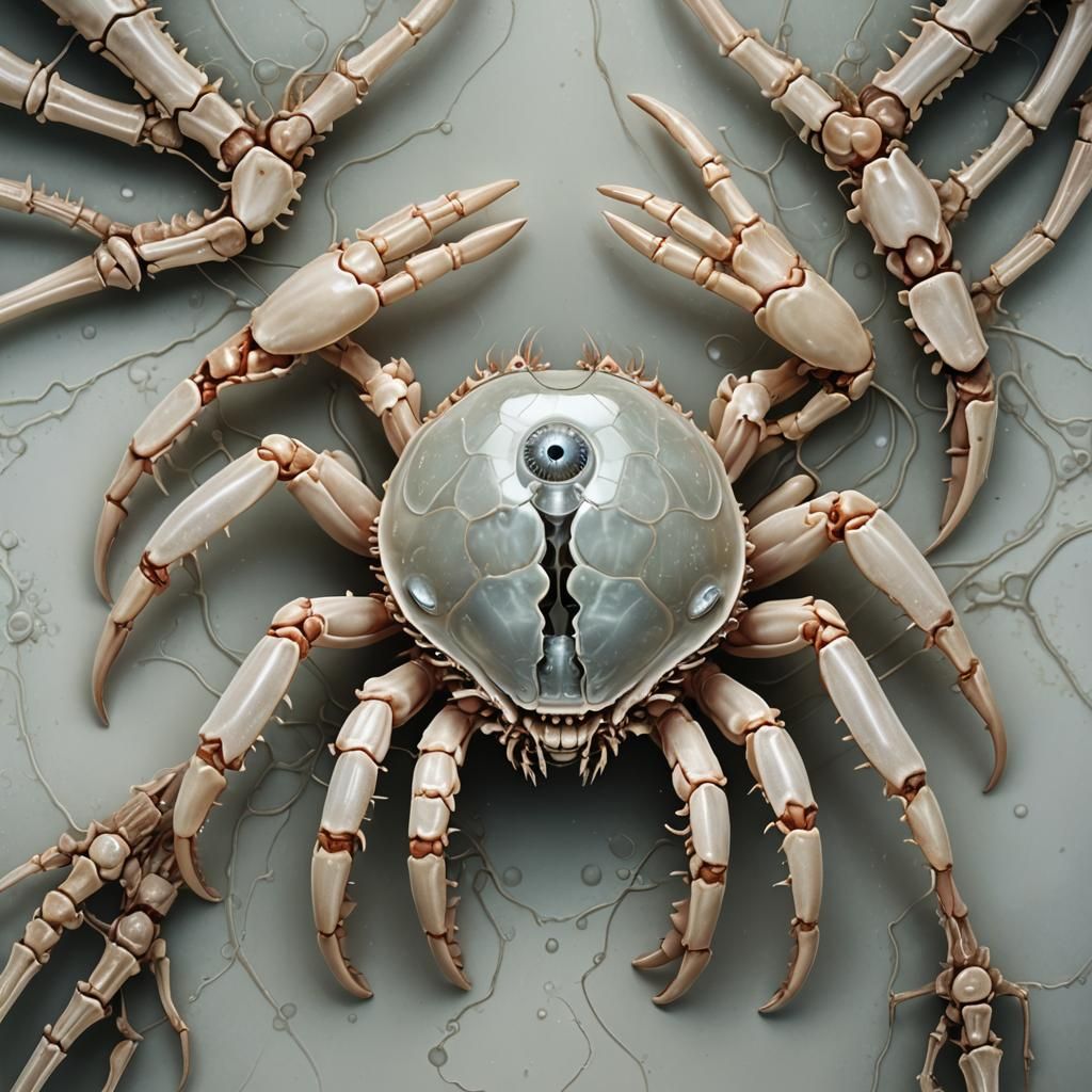 A clear gelatinous hand like crab with Cybernetic bone structure visible and an amoeba with an eye embedded into the pal...