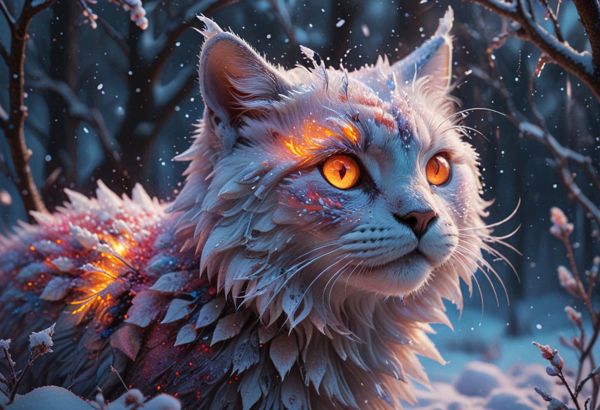 Surreal Winter Cat Shines with Golden Aura in Snowy Scene