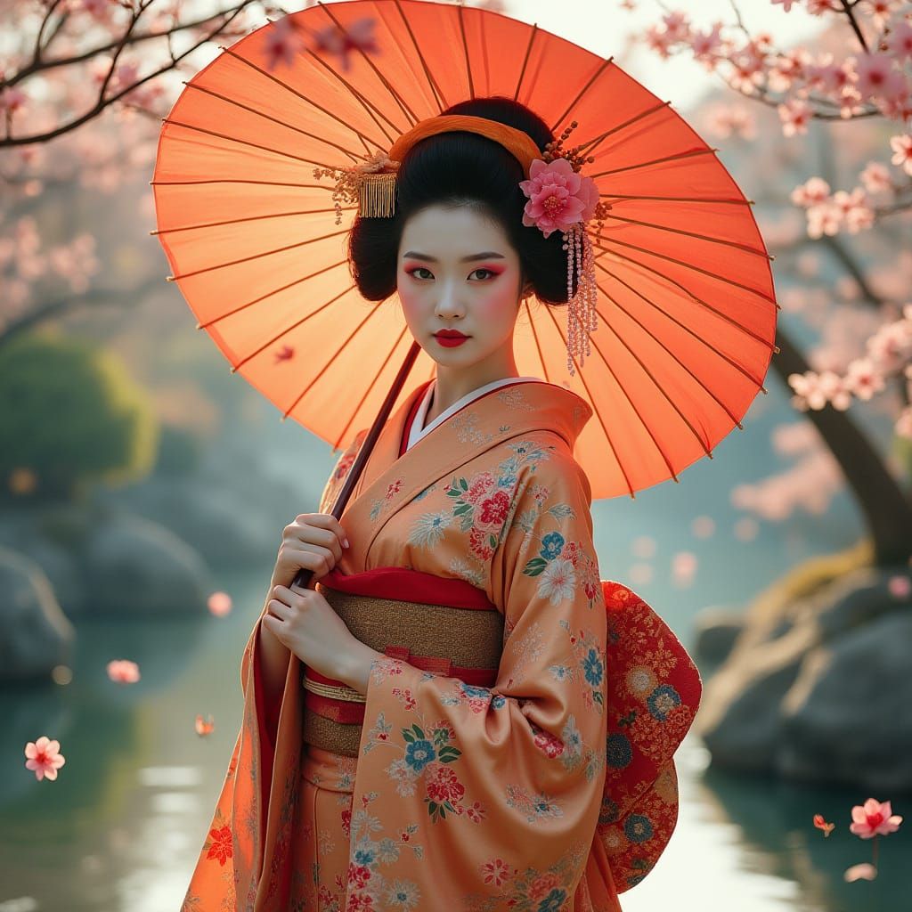 Elegant Geisha with Umbrella in Japanese Garden