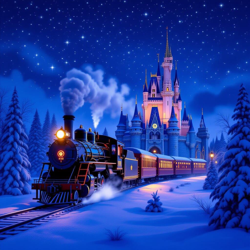 Christmas Train Travels Through Frosty Winter Nights