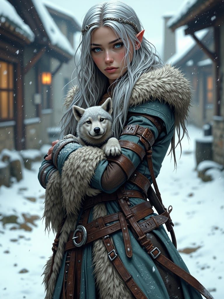 Elven Warrior Woman in Snowstorm