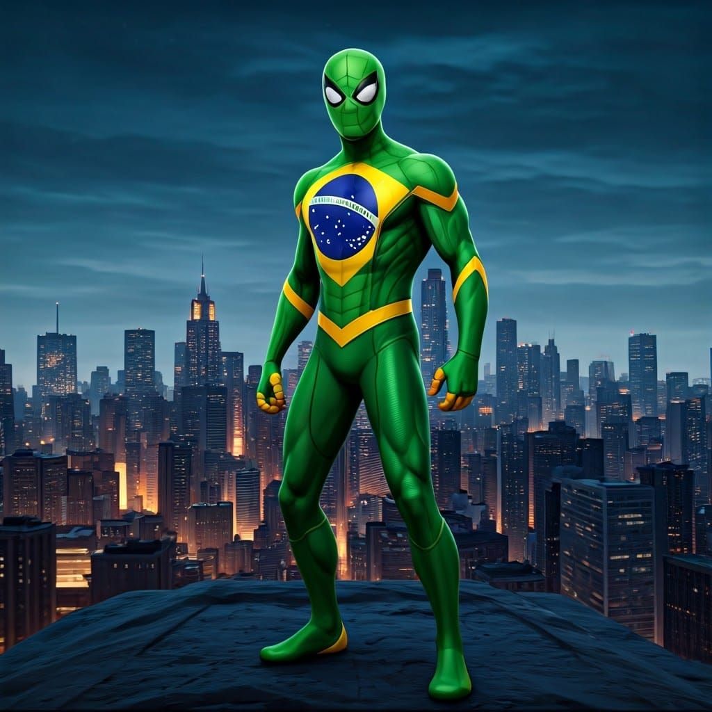 Spider-Man in a Vibrant Brazil Flag Suit, Heroic Pose