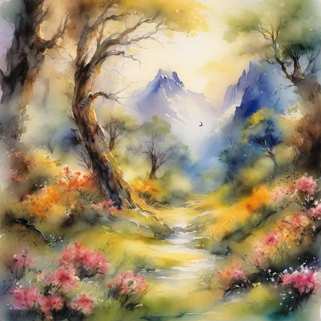 Ethereal Valley in Vibrant Watercolor Art Style