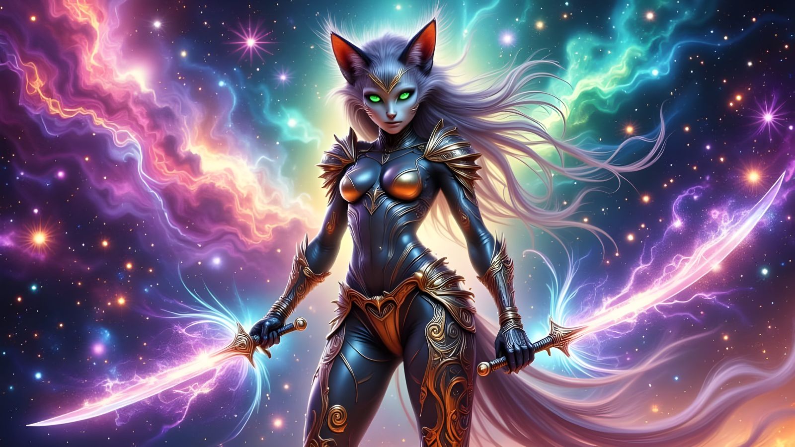 Lyran Warrior with Feline Features and Emerald Eyes