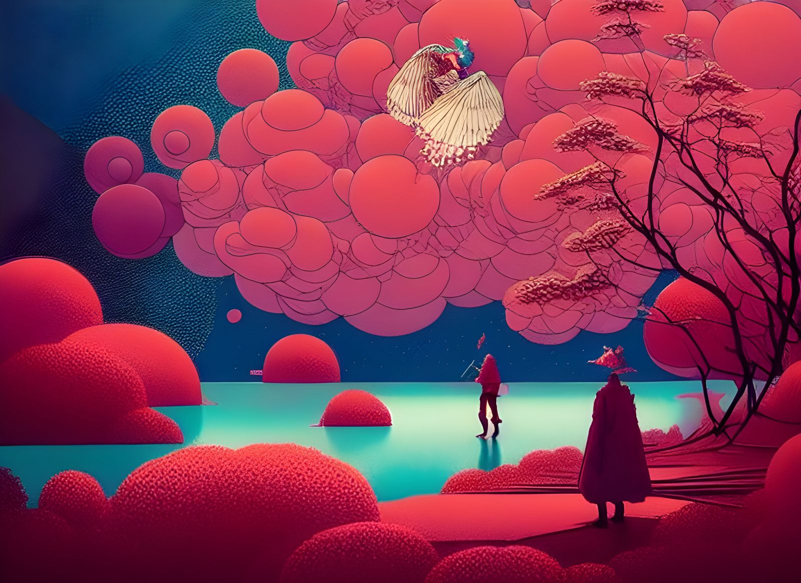 Surreal Red Lake with Flying Animals, Chromatic Aberration