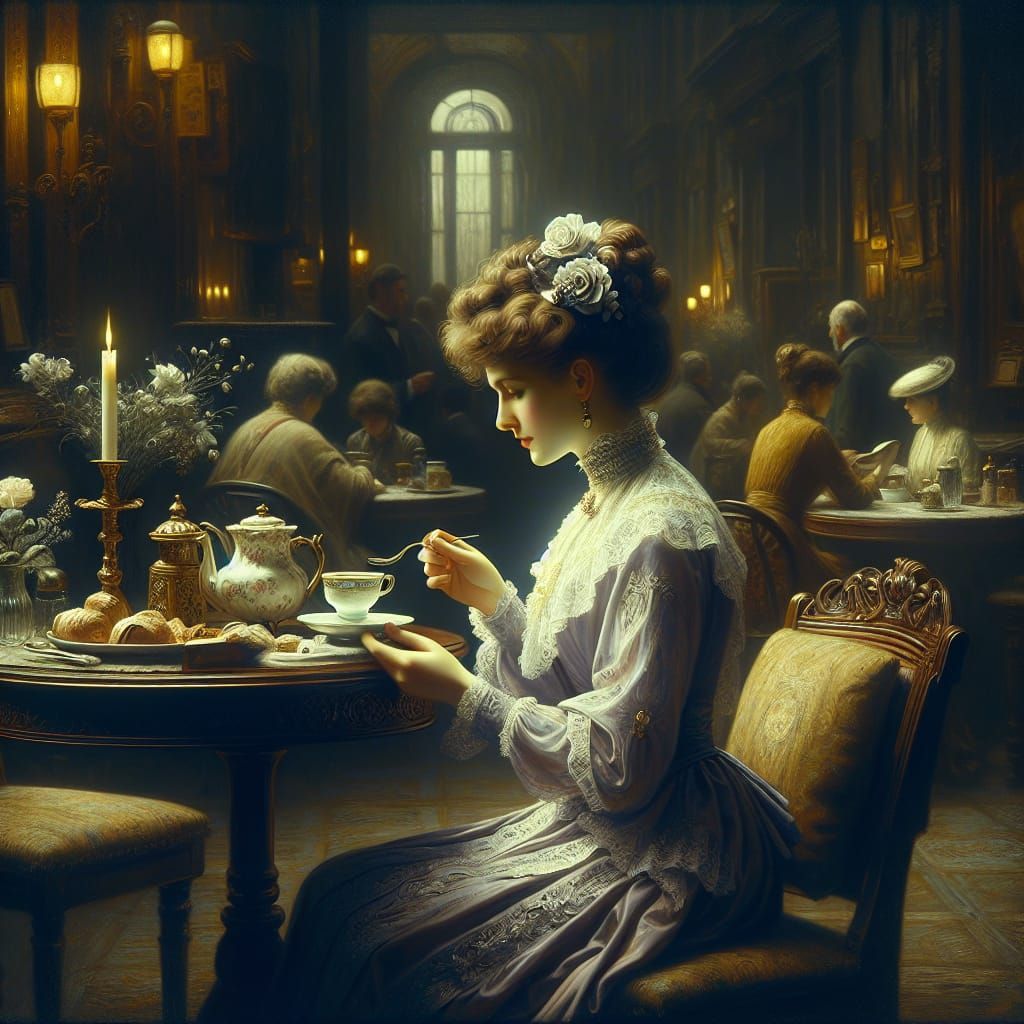 Elegant Woman at Cafe, Impressionistic Oil Painting