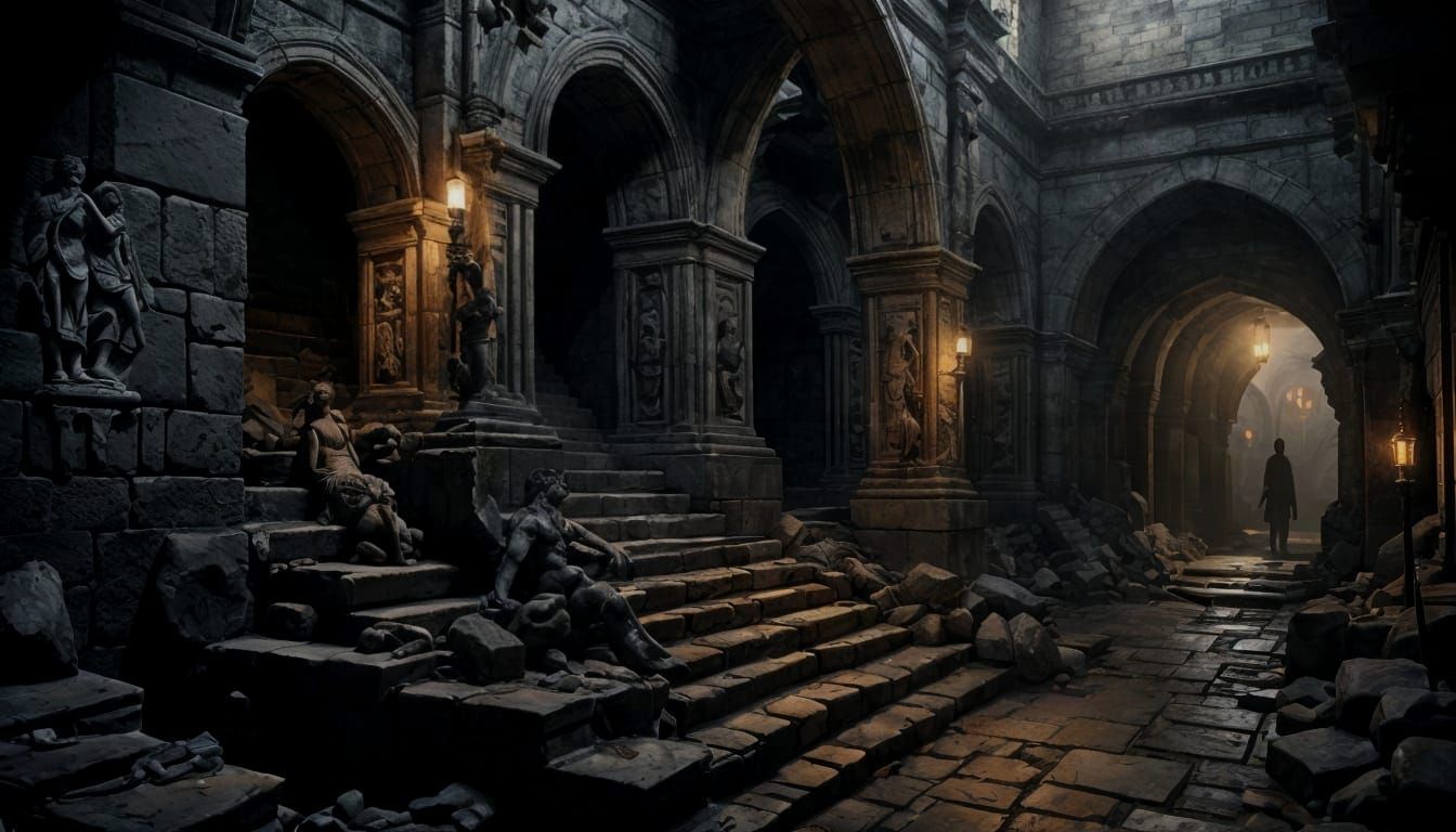 Dark Gothic Catacombs with Grotesque Figures