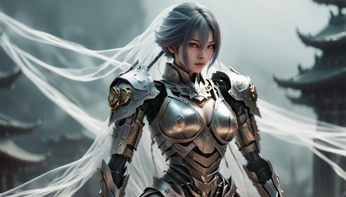 Anime Cyborg Girl with Broken Armor in Futuristic Style