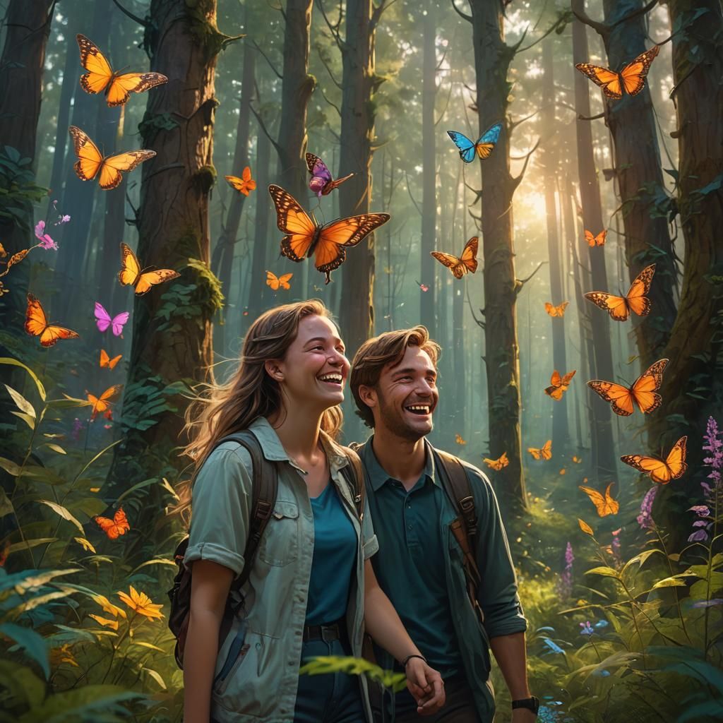 Laughing Woman with Boyfriend in Fantasy Forest