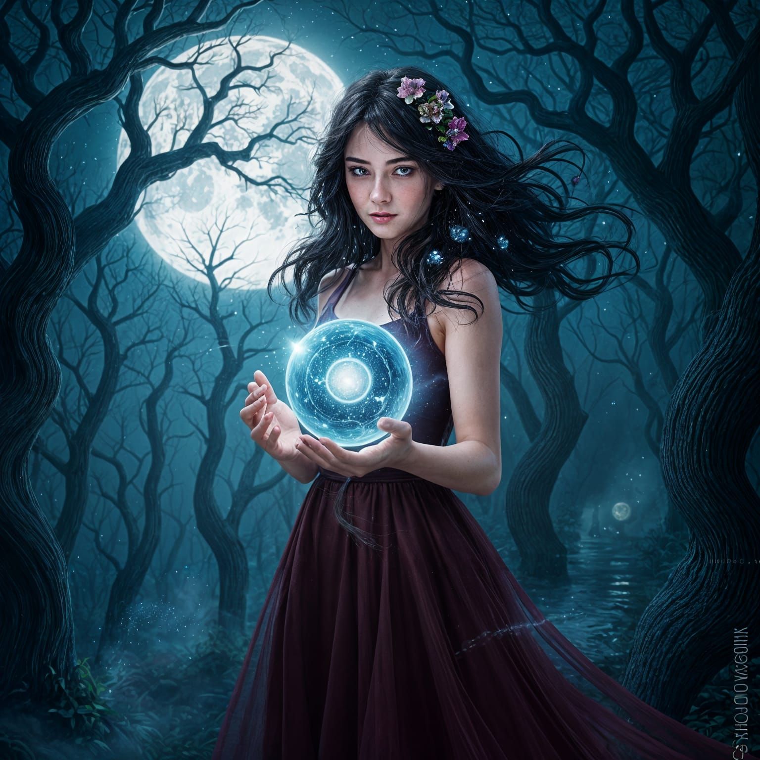 Mystical Woman with Energy Ball in Moonlit Forest