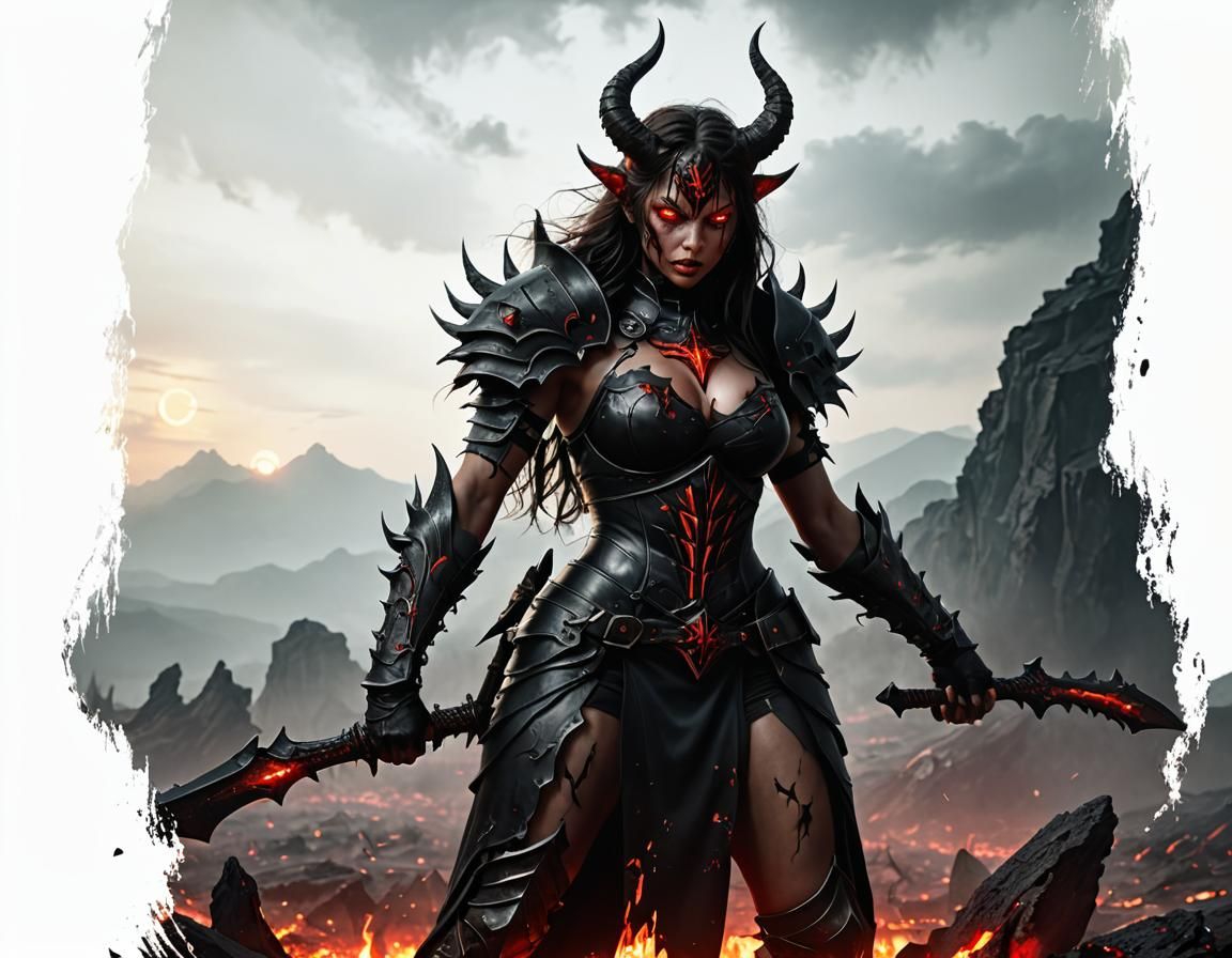 Demon Warrior in Hellish Landscape: Dark Fantasy Art