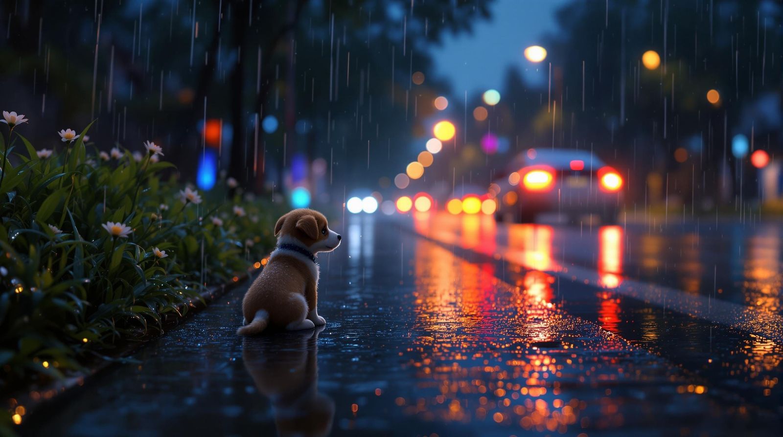Rainy Night Street Scene with Puppy in Digital Painting
