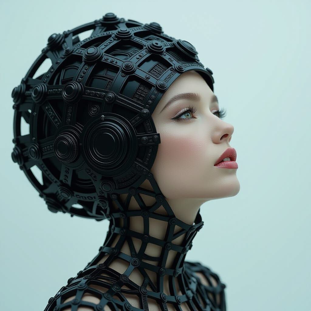Biomechanical Onyx Headdress in Dystopian Futurism
