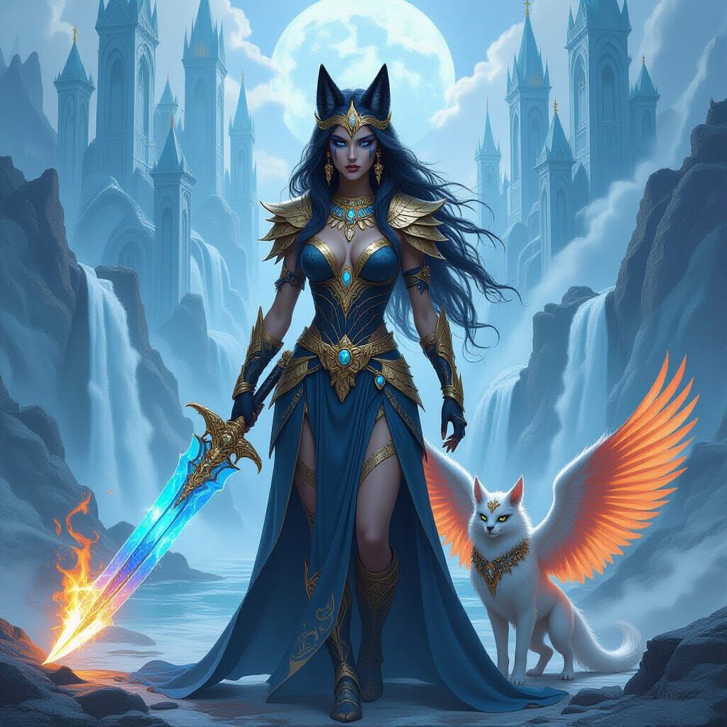 Wolf-Elf Goddess With Golden Feathers and Blue Sword