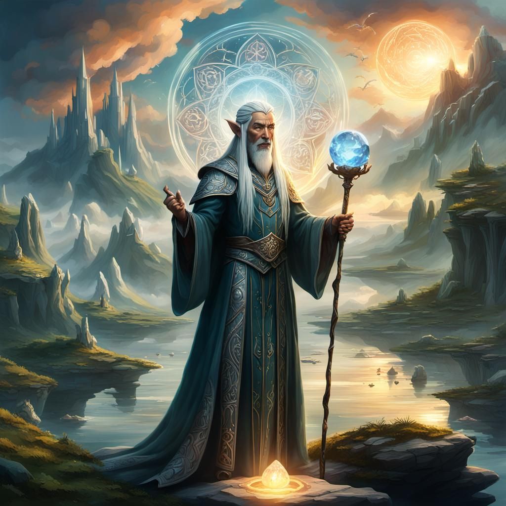 Elven Sorcerer on Floating Island at Dawn