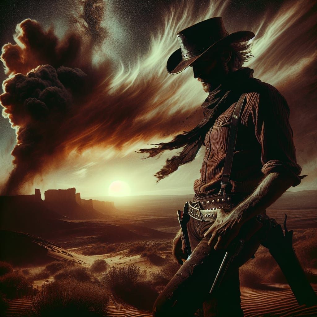 Dramatic Western Cowboy in Dark Surrealist Landscape