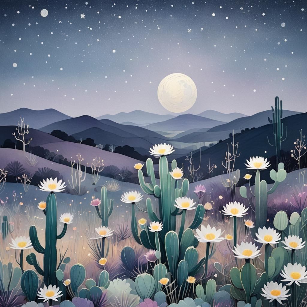 Flowering Cactus in Moonlight: 3D Paper Art