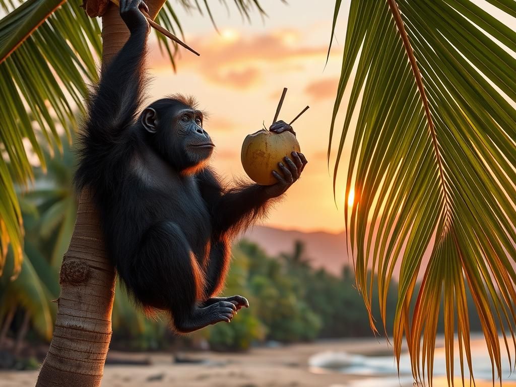 Chimpanzee Sipping Coconut at Sunset