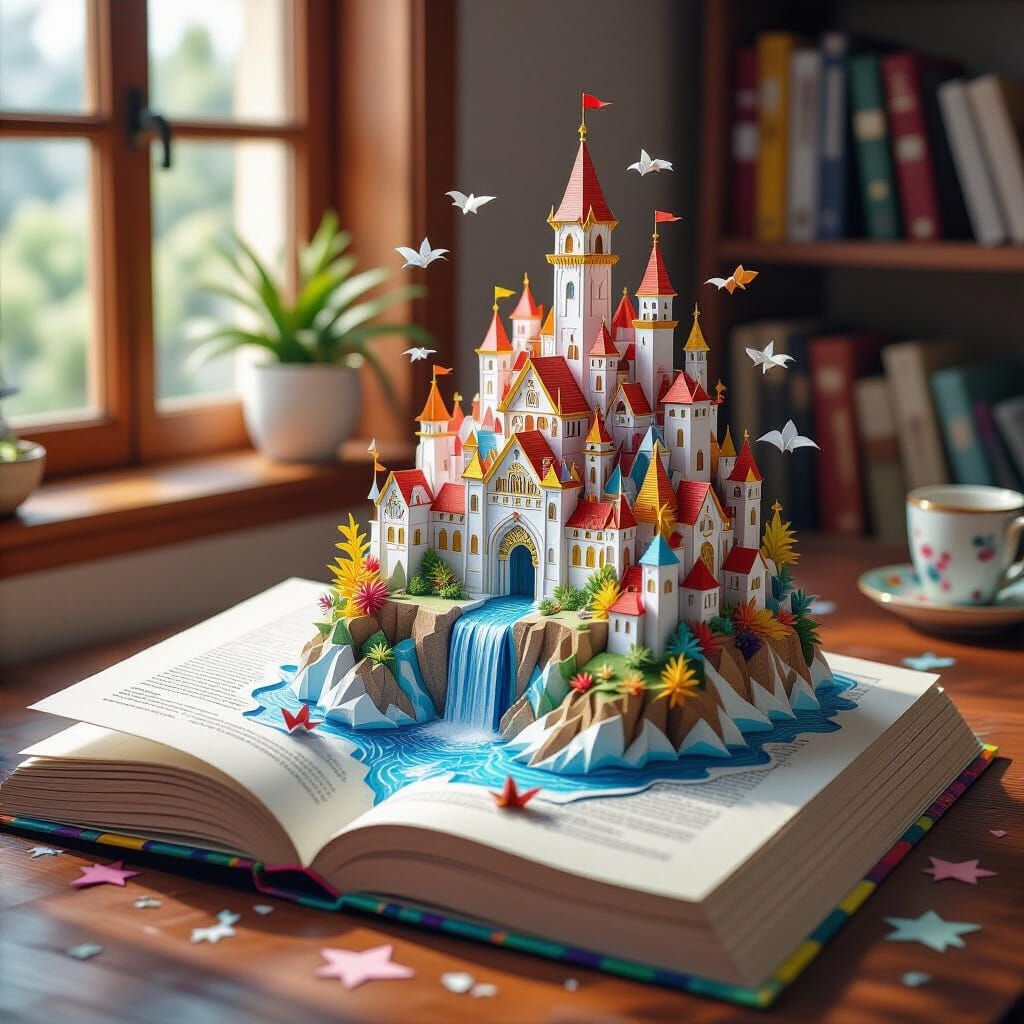 Fantasy Paper Kingdom Unfolds: Castle, Dragon, Waterfalls