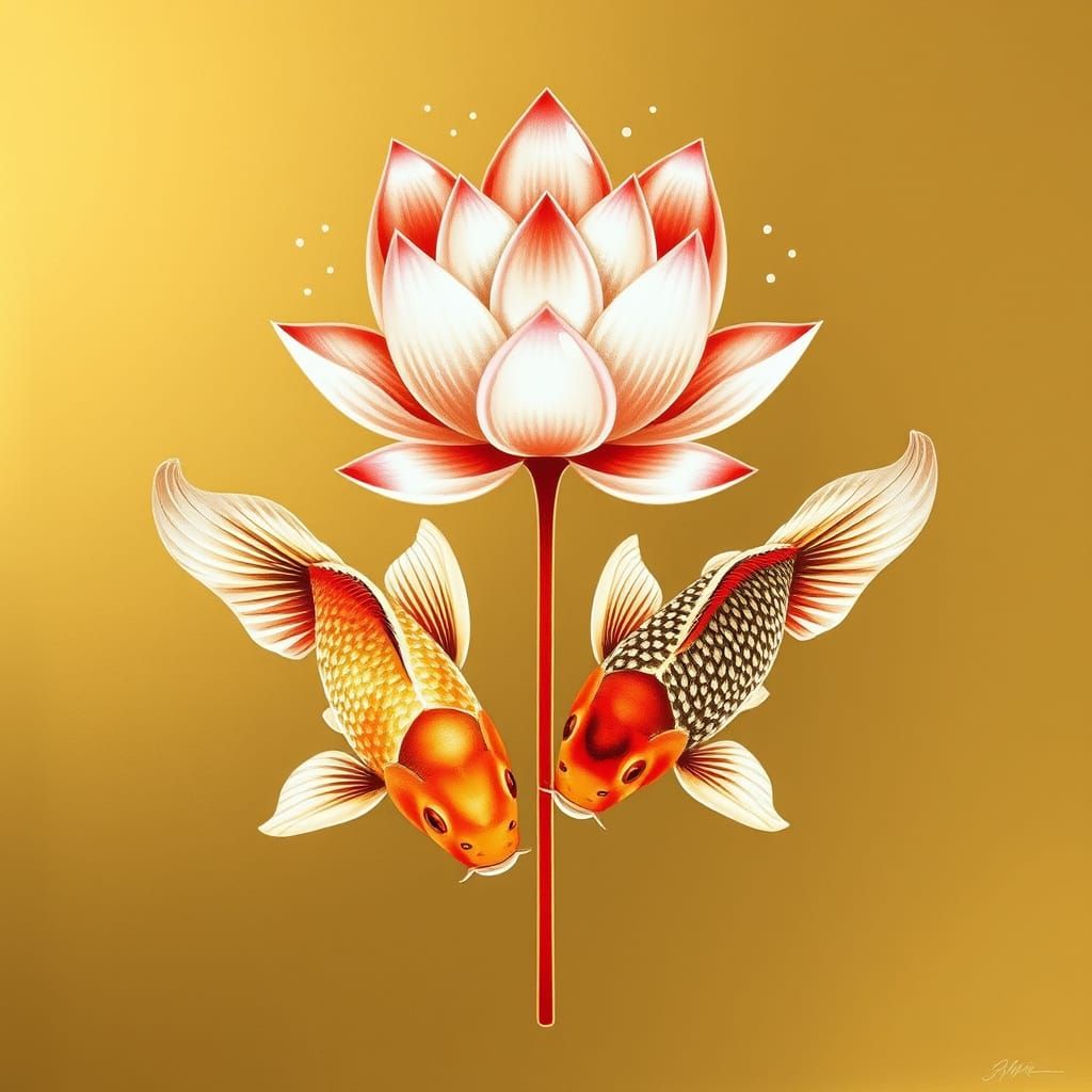 Sparkling Koi Fish Beneath Lotus Flower on Gold Plate