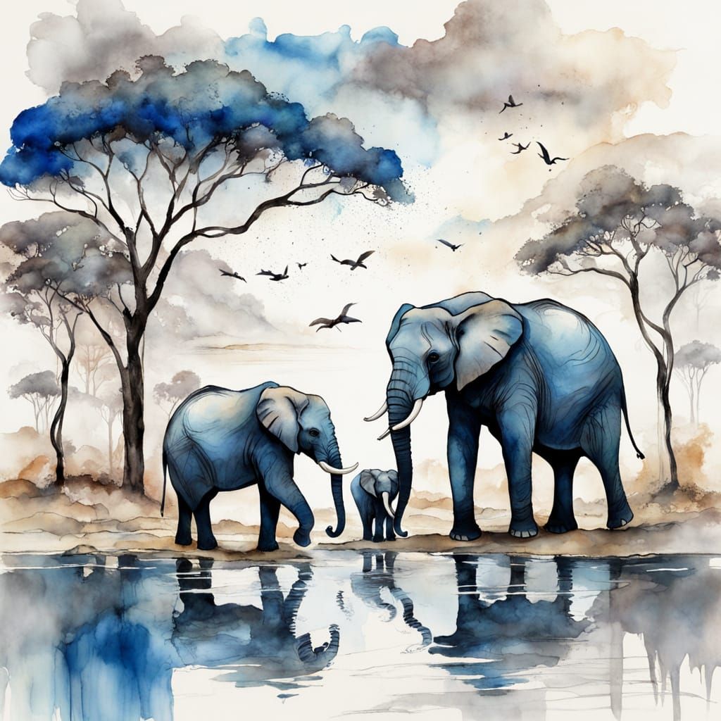 Serengeti Elephant Family in Vibrant Watercolor