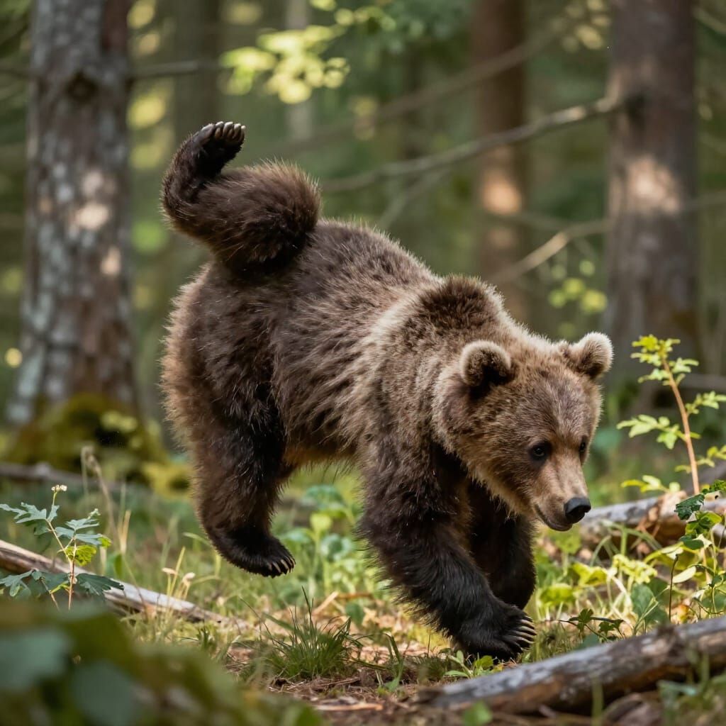Brown Bear Cub Somersaulting in Sunny Woods