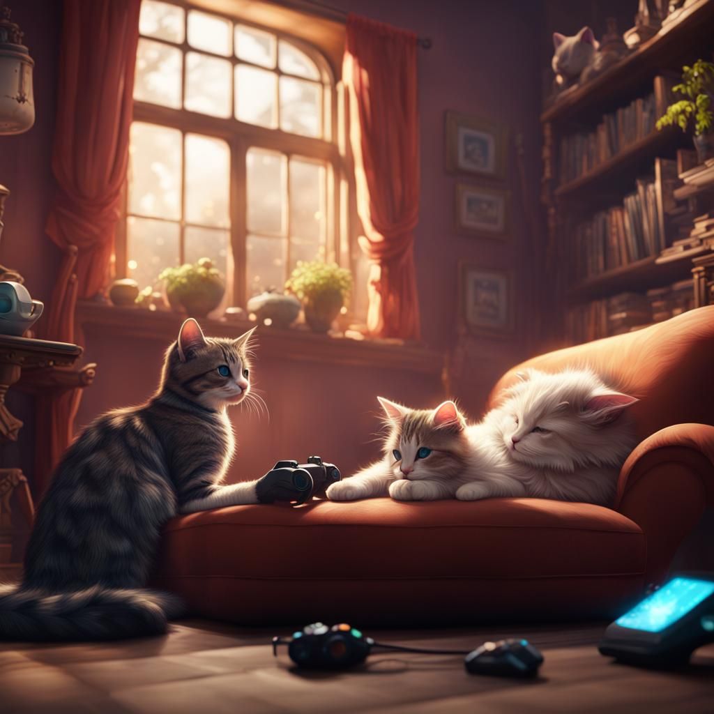 Mother Cat Gaming, Kitten Asleep: Fantasy Art