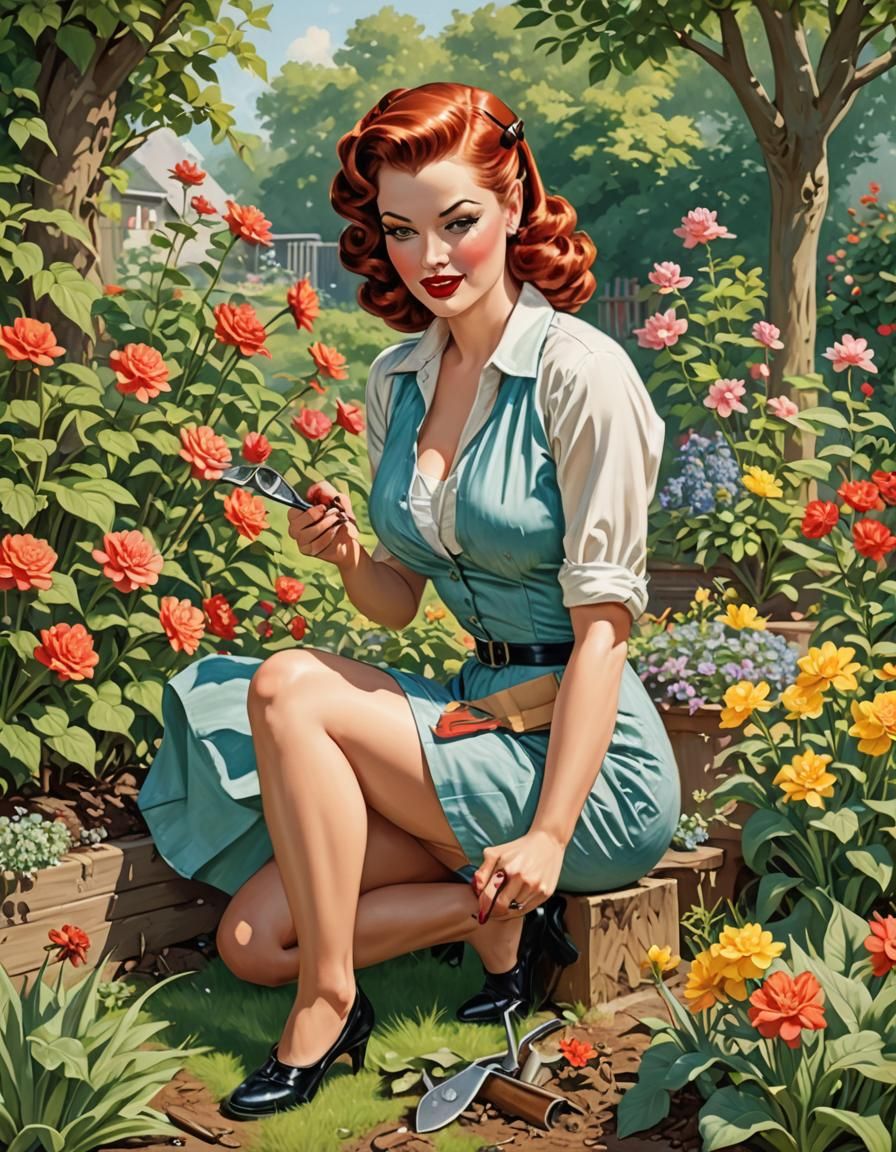 Pinup Girl Gardening: Calendar Illustration in Elvgren Style