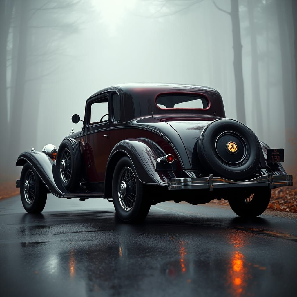 Luxurious 1930s Coupe on Misty Forest Road
